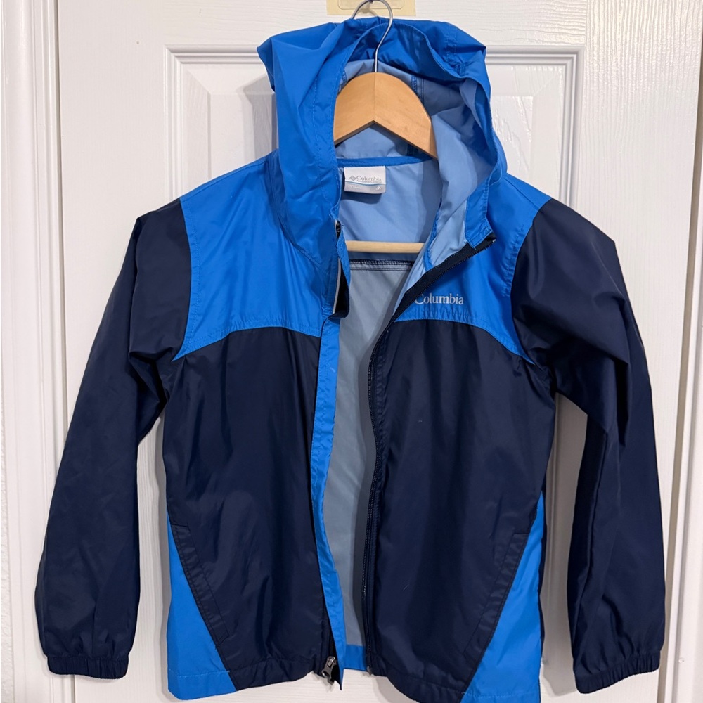 Columbia Blue and Navy Hooded Rain Jacket